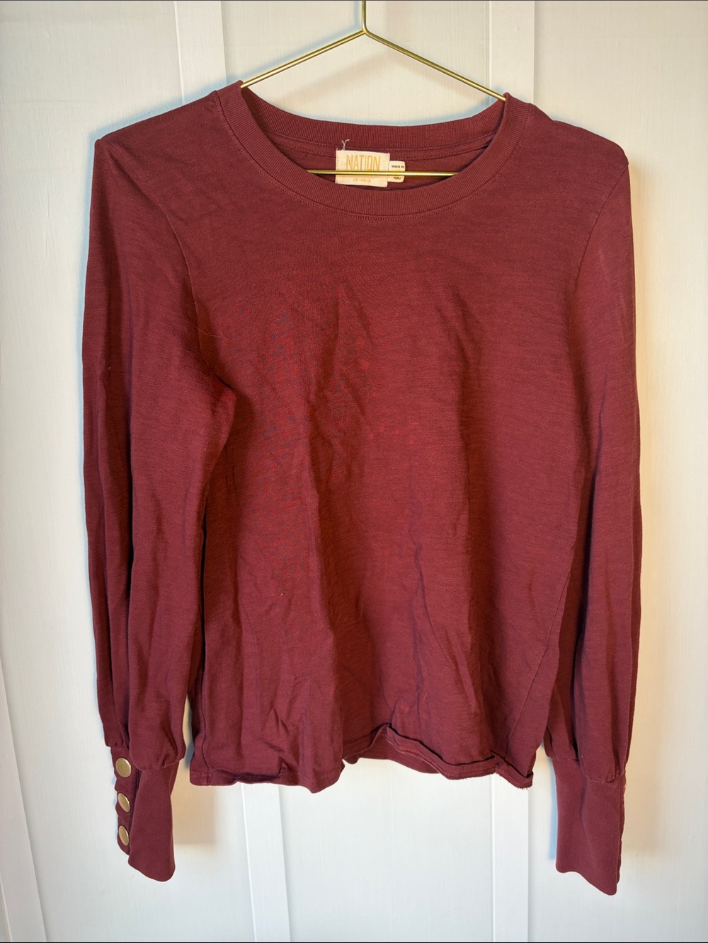 Nation LTD Burgundy Long Sleeve Crewneck Top with Button Cuffs